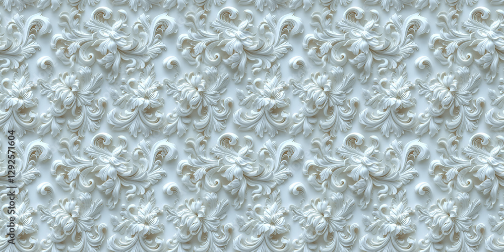 Elegant white ornamental floral patterns with intricate swirls on subtle background Elegant white ornamental floral patterns with intricate swirls on subtle background