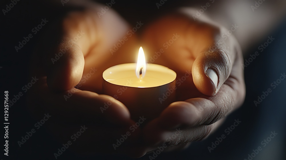 Hands holding a single candle in the dark, symbolizing hope, tradition, and the power of cultural customs Hands holding a single candle in the dark, symbolizing hope, tradition, and the power of cultural customs