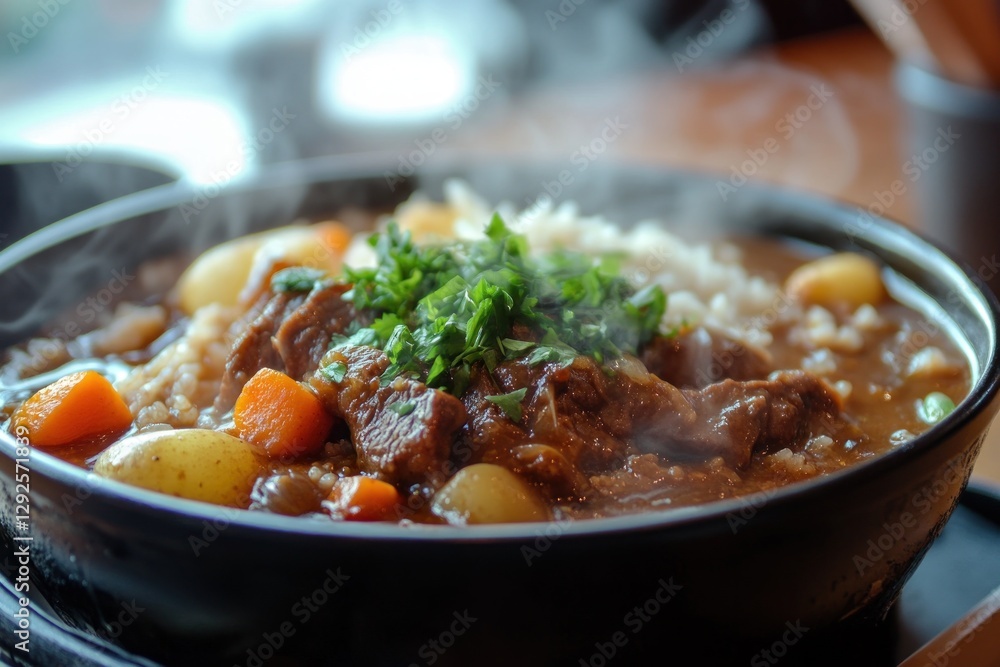Steaming Hot Bowl of Japanese Curry Rice with Tender Meat and Fresh Vegetables Served in a Traditional Black Dish Steaming Hot Bowl of Japanese Curry Rice with Tender Meat and Fresh Vegetables Served in a Traditional Black Dish