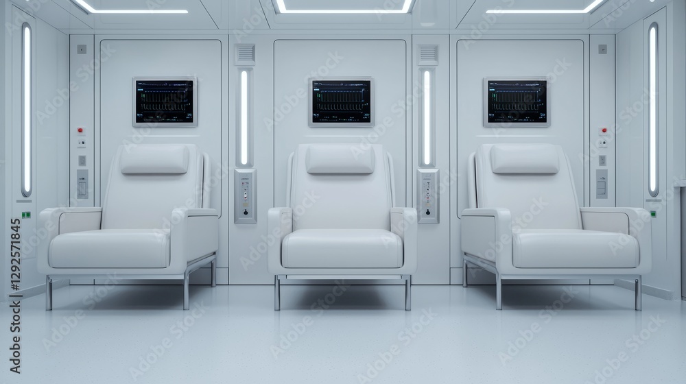 Fototapeta premium A minimalist interior featuring three sleek white chairs against a bright, sterile background, illuminated by soft, modern lighting.