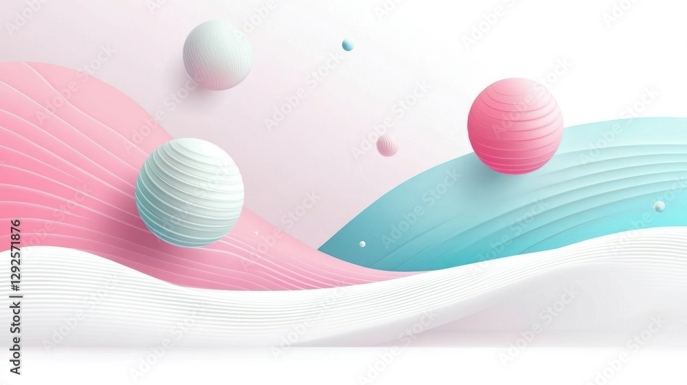 Obraz premium Minimalist abstract design featuring pastel waves and textured spheres creating a serene and contemporary backdrop for creative projects