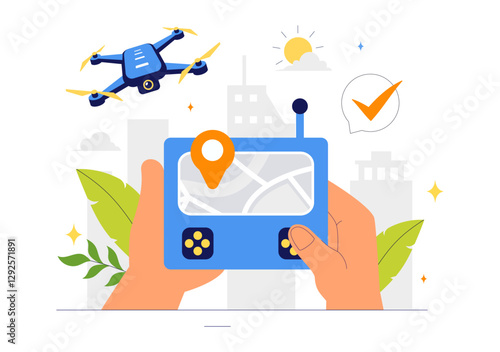 Drone Photography Vector Illustration featuring a Drone with a Remote Control, Capturing Aerial Photos and Videos from Above in a Flat Background