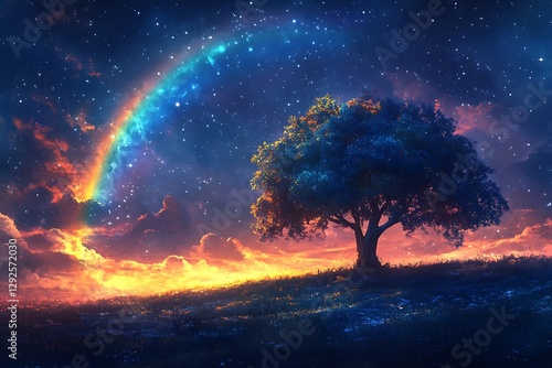 Starry night, rainbow, tree, field, fantasy art