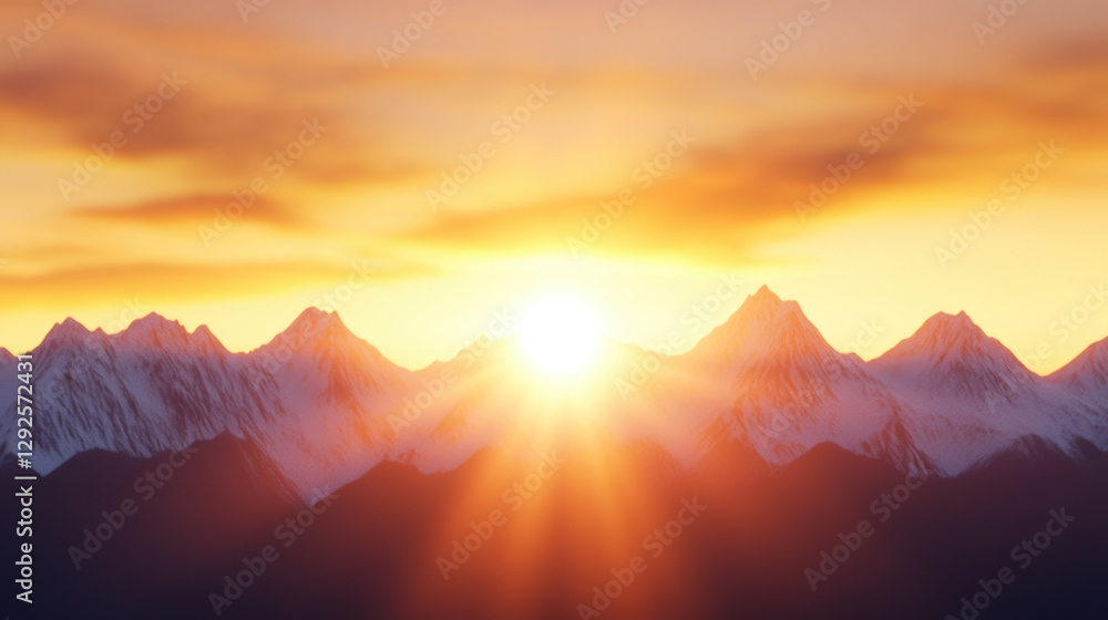 Obraz premium stunning sunrise over snow capped mountains, illuminating landscape with warm golden light, creating breathtaking view of nature beauty