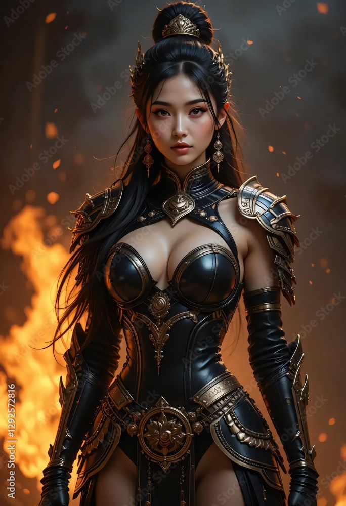 Stunning Asian Woman in Elegant Black and Gold Fantasy Armor Fiery Background Stunning Asian Woman in Elegant Black and Gold Fantasy Armor Fiery Background