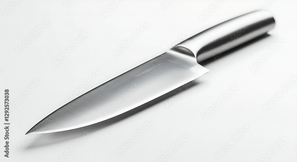 Fototapeta premium A modern stainless steel chef's knife with a sharp blade, placed on a white background.