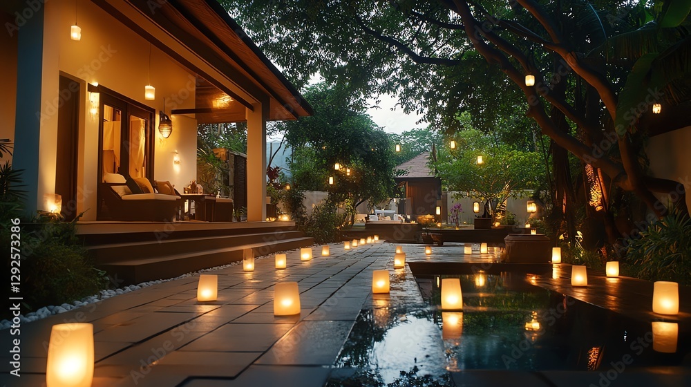 Naklejka premium An ancestral home decorated with diya lanterns, a feast laid out in the courtyard, nostalgic Indian heritage