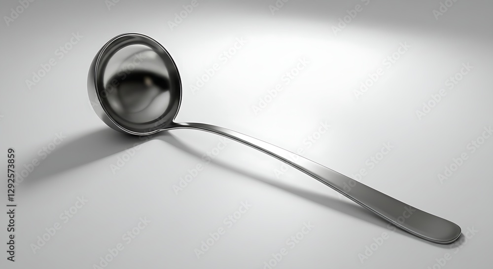 A shiny silver ladle with a long handle, casting a soft shadow on a white surface A shiny silver ladle with a long handle, casting a soft shadow on a white surface