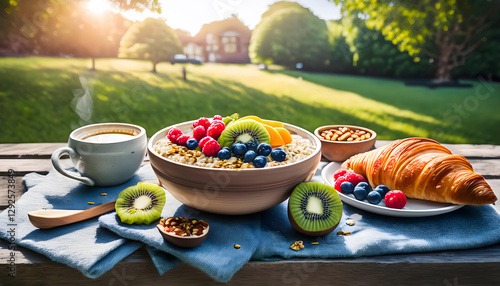 healthy breakfast menu with fresh raspberries and crunchy almonds,with a blurred home garden background