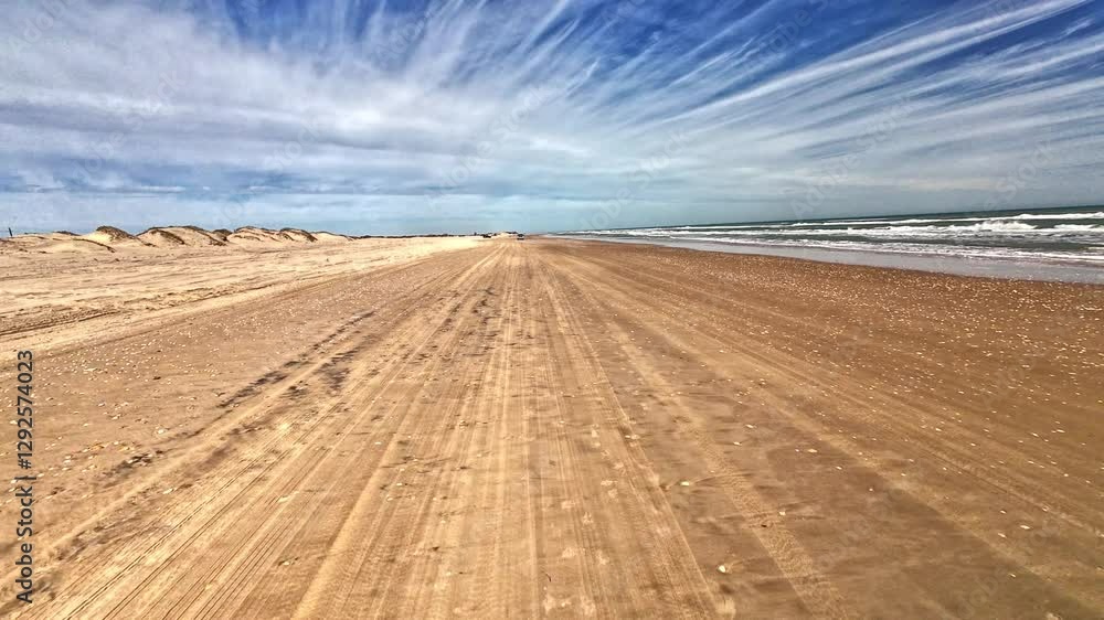A drive down the beach on the Gulf of Mexico side of South Padre Island, Texas. A drive down the beach on the Gulf of Mexico side of South Padre Island, Texas.