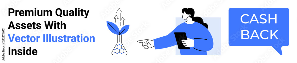 Woman holding tablet pointing at growing plant with arrows, cashback speech bubble. Ideal for financial growth, investment, rewards, eco-concepts, education, promotions, flat landing page banner Woman holding tablet pointing at growing plant with arrows, cashback speech bubble. Ideal for financial growth, investment, rewards, eco-concepts, education, promotions, flat landing page banner