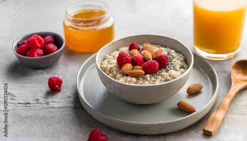 healthy breakfast menu with fresh raspberries and crunchy almonds