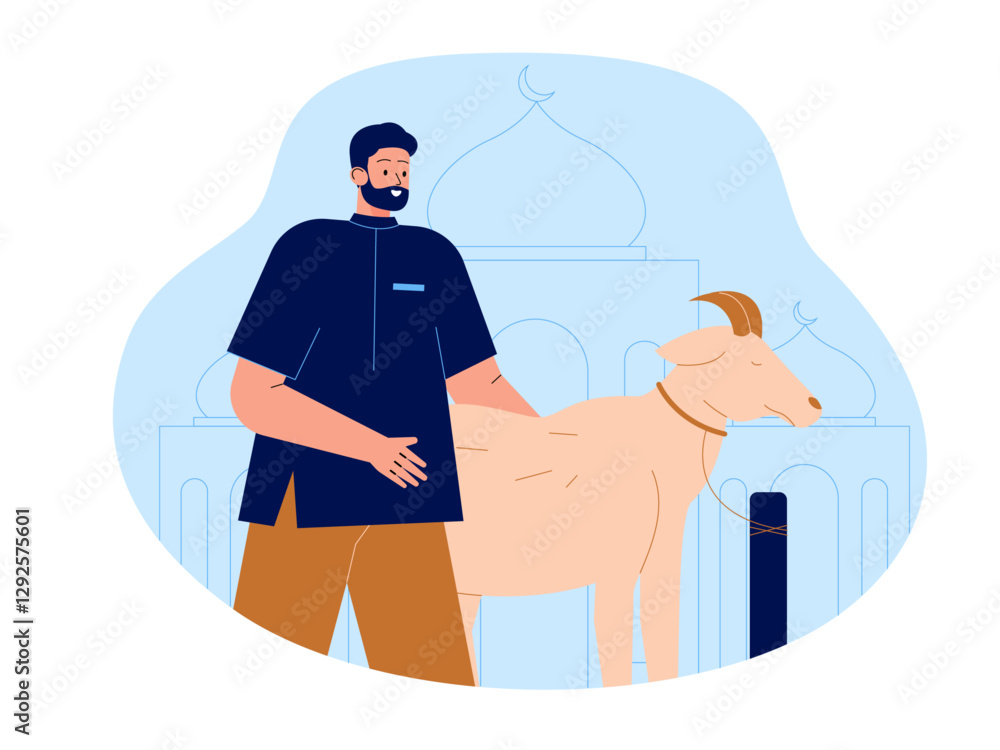 Muslim man bring goat for Eid Illustration. Moslem illustration. Flat vector illustration concept. Muslim man bring goat for Eid Illustration. Moslem illustration. Flat vector illustration concept.