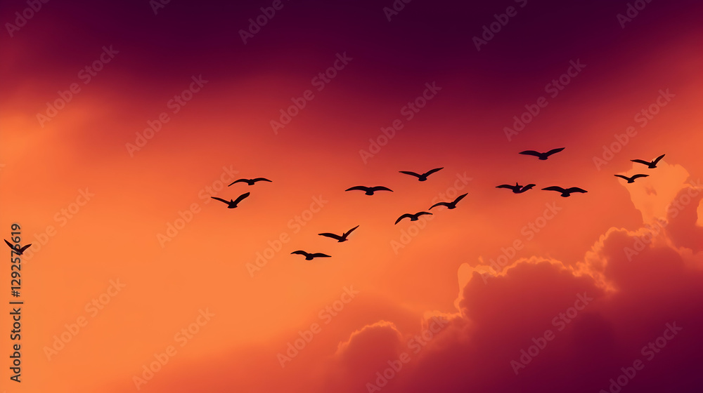 Fototapeta premium A flock of birds flies across a vibrant orange and purple sky