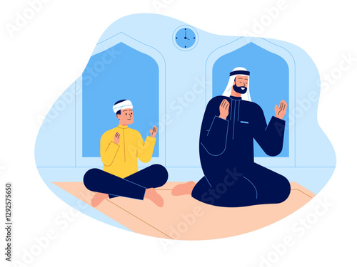 Muslim father and son doing prayer in mosque Illustration. Moslem illustration. Flat vector illustration concept.