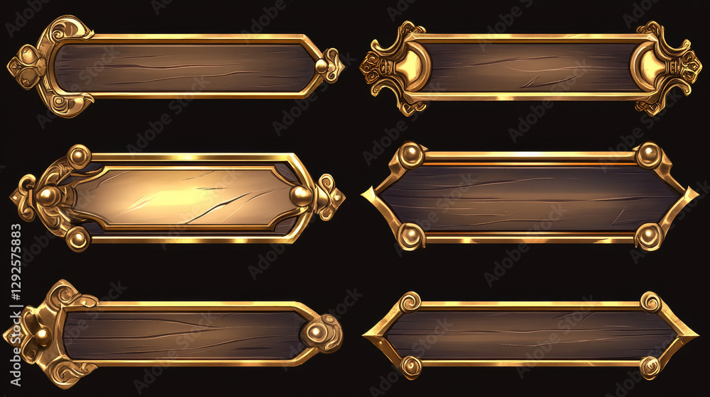 Medieval buttons, ui game menu elements, gold oblong banners with decorated ornate rims. Empty royal gui bars for rpg or arcade, golden borders, web design interface Cartoon 2d vector illustration set Medieval buttons, ui game menu elements, gold oblong banners with decorated ornate rims. Empty royal gui bars for rpg or arcade, golden borders, web design interface Cartoon 2d vector illustration set