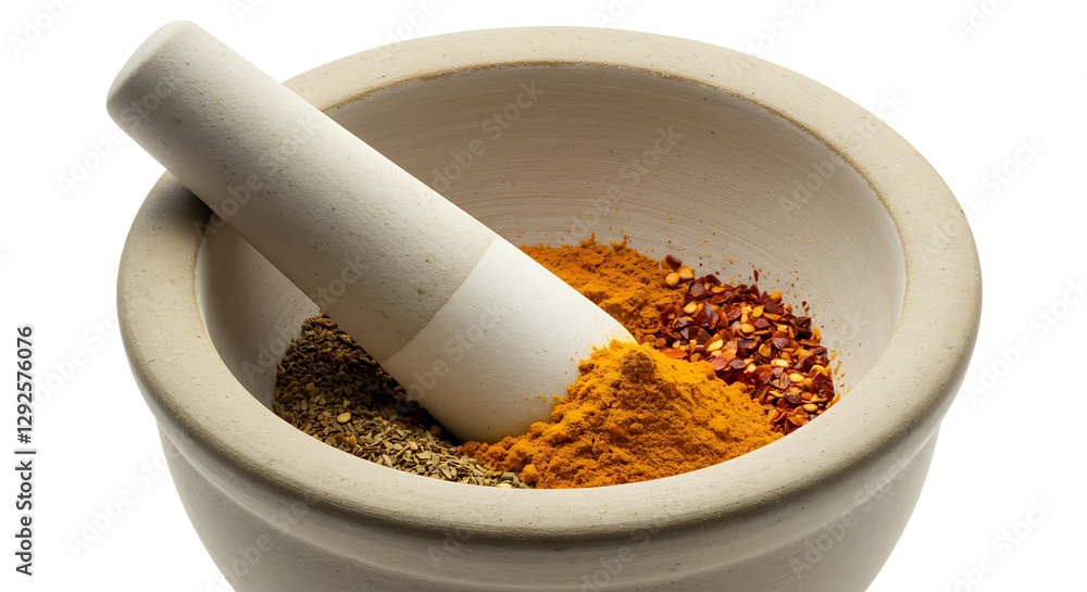 A ceramic mortar and pestle with spices inside, set against a white backdrop A ceramic mortar and pestle with spices inside, set against a white backdrop