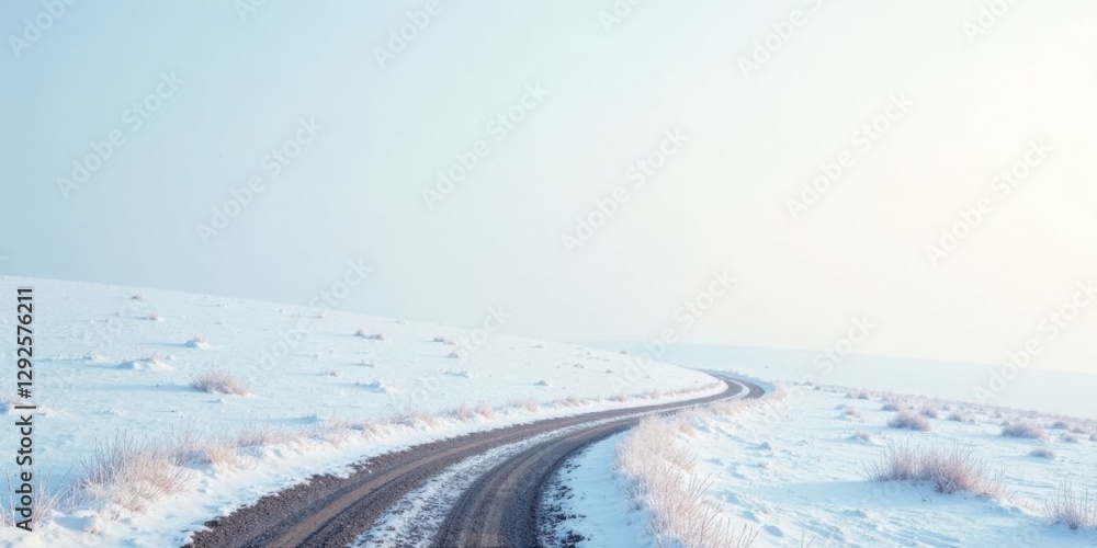 Obraz premium Serene Winter Road Winding Through a Snowy Landscape Under a Pale Sky