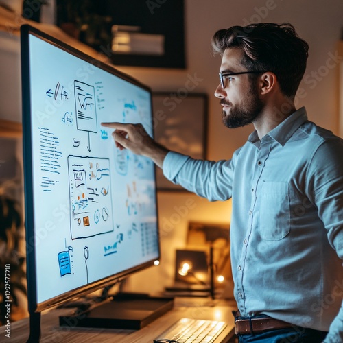 Focused Young Man Working Late on Website Design on Large Monitor