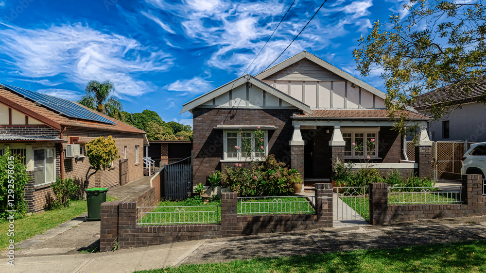Old Restored Federation Suburban Sydney Double Brick with terrecotta Roof tiles timber window frames in western Sydney NSW Australia Old Restored Federation Suburban Sydney Double Brick with terrecotta Roof tiles timber window frames in western Sydney NSW Australia