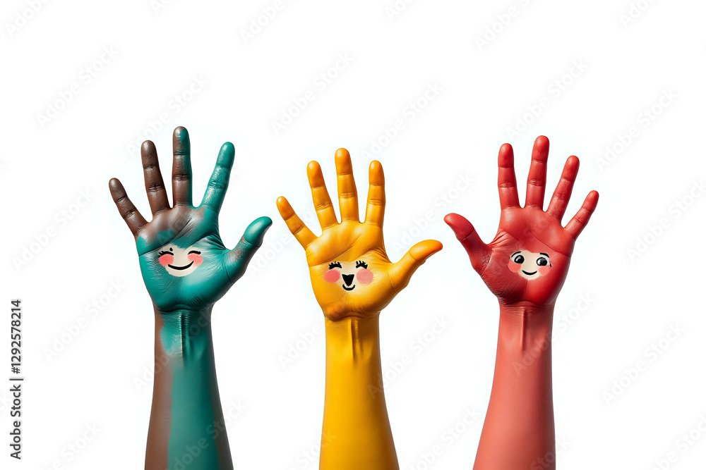 Fototapeta premium Family concept. Three colorful painted hands with smiling face of family, mother, father and baby. Small, medium and large hand. Symbol unity, growth, ready for your logo. Isolated on white background