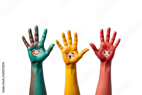 Family concept. Three colorful painted hands with smiling face of family, mother, father and baby. Small, medium and large hand. Symbol unity, growth, ready for your logo. Isolated on white background