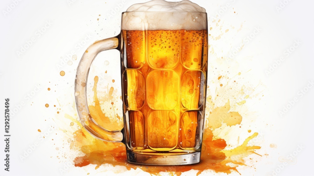 Refreshing Beer Glass with Foam and Watercolor Splash Effect Refreshing Beer Glass with Foam and Watercolor Splash Effect
