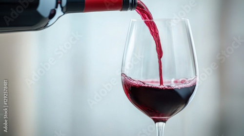Close up of glass of red wine being filled, showcasing rich color and bubbles, perfect for relaxing evening or celebration