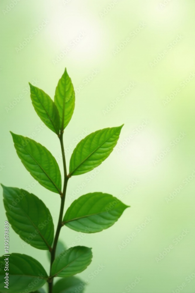 Obraz premium Vibrant Green Sprig of Leaves Against a Soft, Light Green Background, Symbolizing Freshness, Growth, and the Beauty of Nature