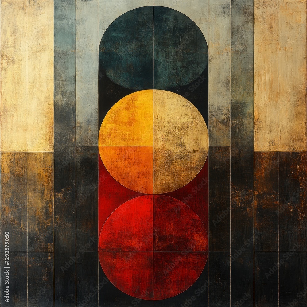 Naklejka premium Geometric Abstract Composition with Bold Color Blocks in Red, Yellow, Blue, and Black Tones on Textured Background for Modern Art Concept