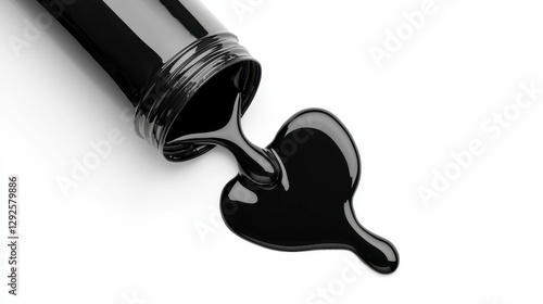 Spilling Glossy Dark Liquid From Open Container Creates Abstract Shape On White Surface