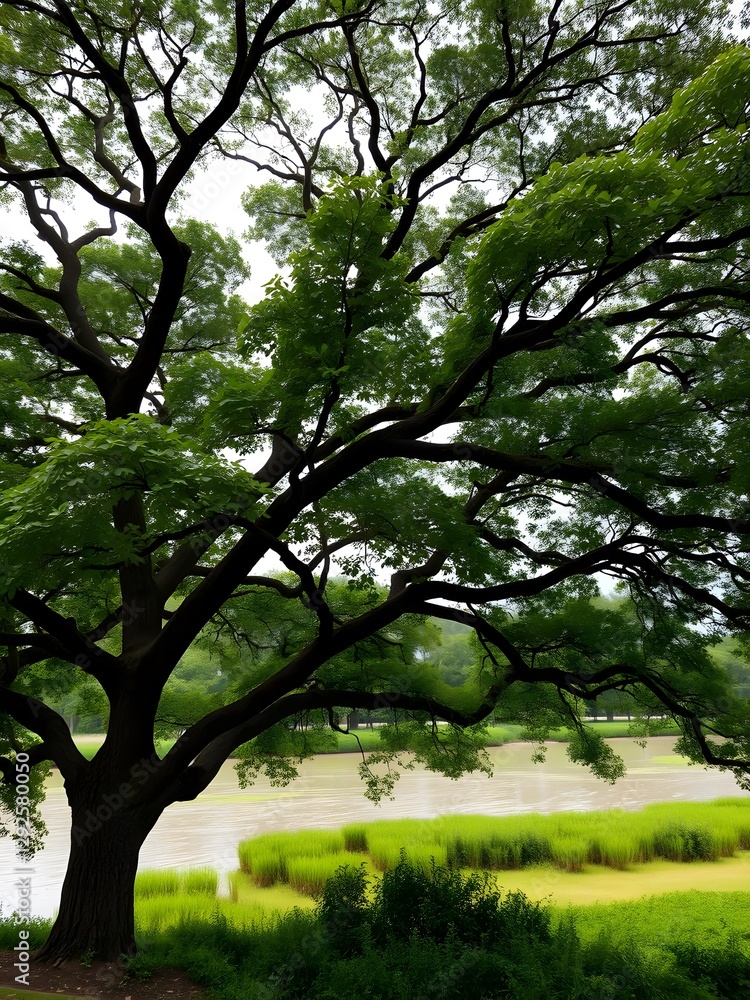 A large tree with a vast canopy hanging over a calm riverbank, offering shade and peace in a lush, green environment A large tree with a vast canopy hanging over a calm riverbank, offering shade and peace in a lush, green environment
