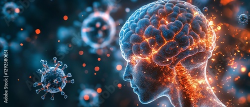 3D visualization of meningitis inflammation in the brain and spinal cord, highlighting the severity of infection and its impact on the nervous systems function