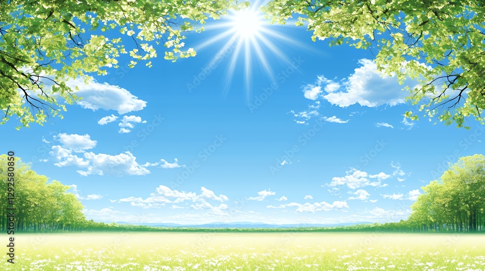 Bright Sunny Day Landscape with Green Trees and White Flower Field Bright Sunny Day Landscape with Green Trees and White Flower Field