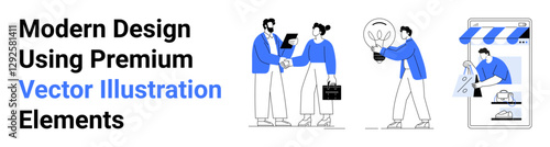 People shaking hands, discussing ideas, and exploring e-commerce setup. Ideal for teamwork, brainstorming, collaboration, creativity, entrepreneurship, online shopping flat landing page banner