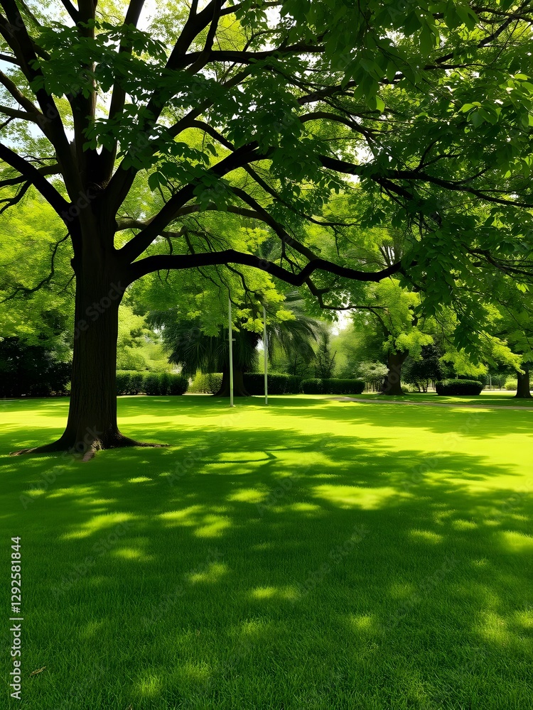 Shaded Fresh Green Lawn Under Large Trees, Relaxing Outdoor Nature Scene Shaded Fresh Green Lawn Under Large Trees, Relaxing Outdoor Nature Scene