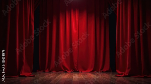 A Majestic Stage Awaits Crimson Curtains and Dark Wooden Floor, Ready for a Grand Performance