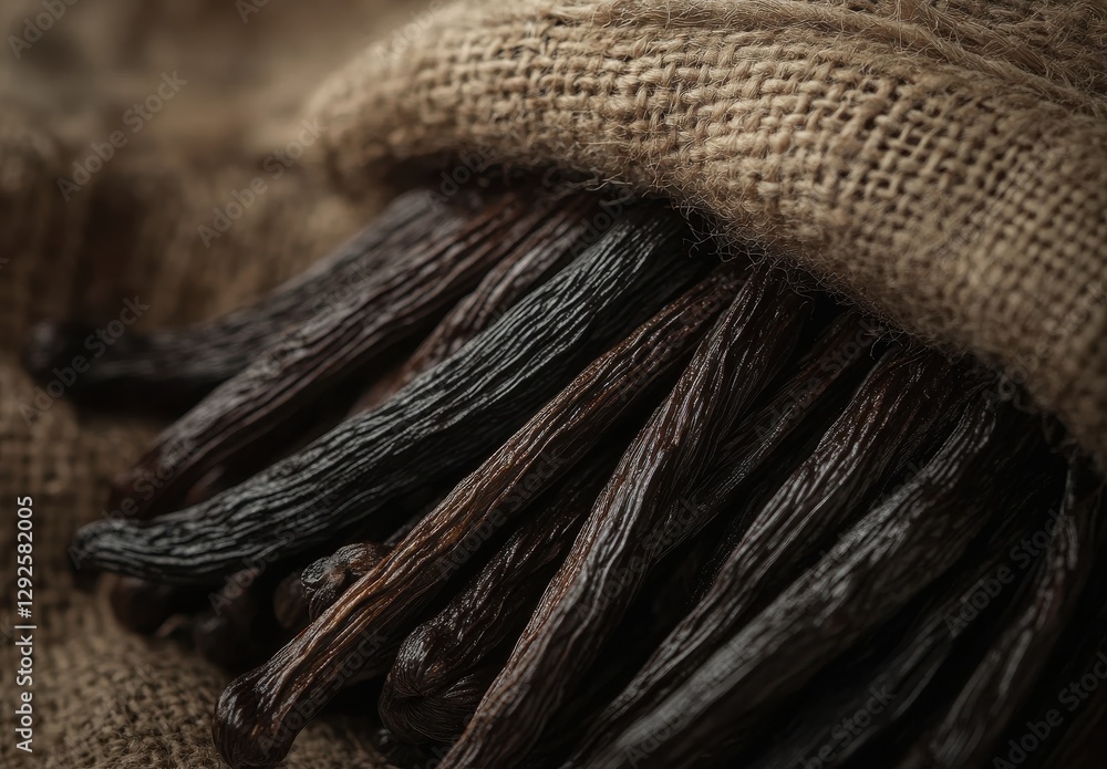 Close-up View of Freshly Harvested Vanilla Pods in Jute Bag for Culinary and Aromatic Use in Gourmet Cooking and Baking Close-up View of Freshly Harvested Vanilla Pods in Jute Bag for Culinary and Aromatic Use in Gourmet Cooking and Baking