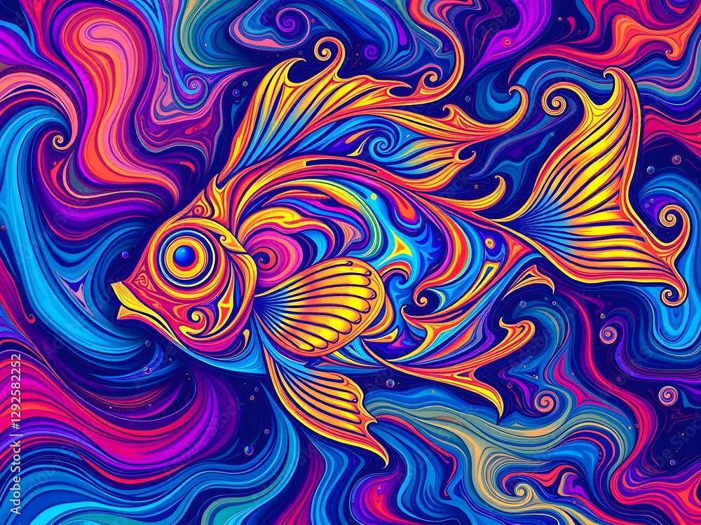 Abstract design of a swirling magical fish in a vibrant, colorful ocean Abstract design of a swirling magical fish in a vibrant, colorful ocean