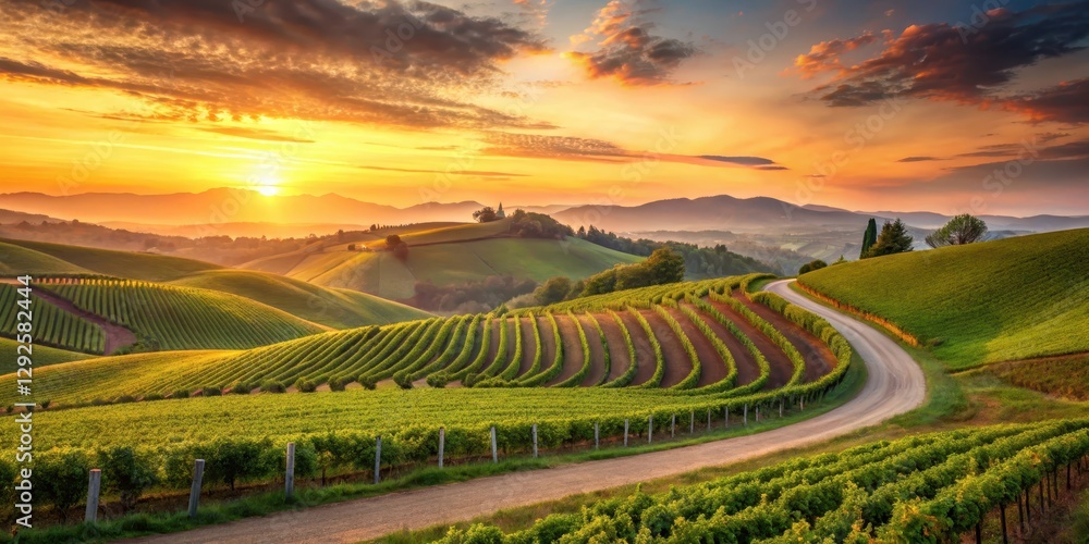 Naklejka premium Serene Vineyard Landscape at Sunset Rolling Hills, Lush Greenery, and a Winding Country Road
