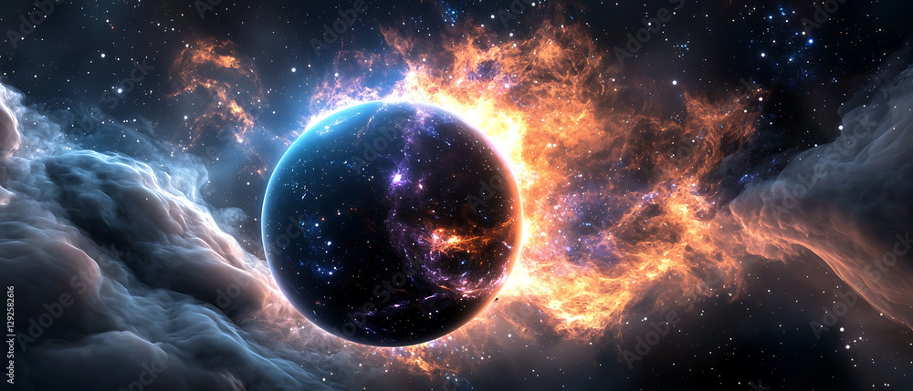 Obraz premium Cosmic explosion event outer space digital art surreal environment wide angle view universe concept