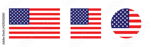Flag of United States of America. USA flag. Rectangular flag, square flag, round flag.