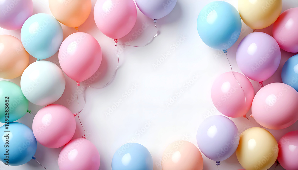 Various pastel balloons on white background with copy space for text in the middle. Various pastel balloons on white background with copy space for text in the middle.