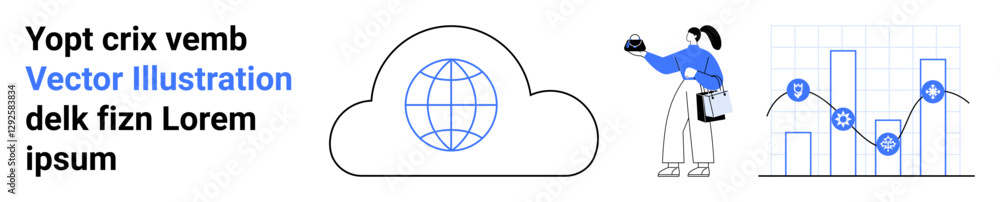 Cloud with globe, business person taking notes, and analytics chart denoting cloud computing, data analysis, networking, research, monitoring, performance tracking. Ideal for business strategy flat Cloud with globe, business person taking notes, and analytics chart denoting cloud computing, data analysis, networking, research, monitoring, performance tracking. Ideal for business strategy flat