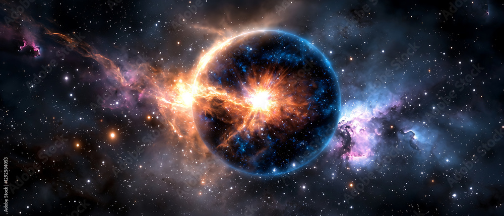 Naklejka premium Cosmic explosion event outer space digital art galactic environment wide angle universal creation