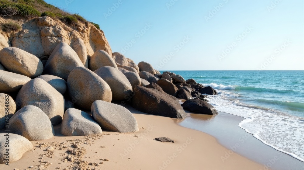 Serene coastal scene featuring a collection of smooth, light-colored boulders resting on a sandy beach, adjacent to a tranquil ocean with gentle waves Serene coastal scene featuring a collection of smooth, light-colored boulders resting on a sandy beach, adjacent to a tranquil ocean with gentle waves