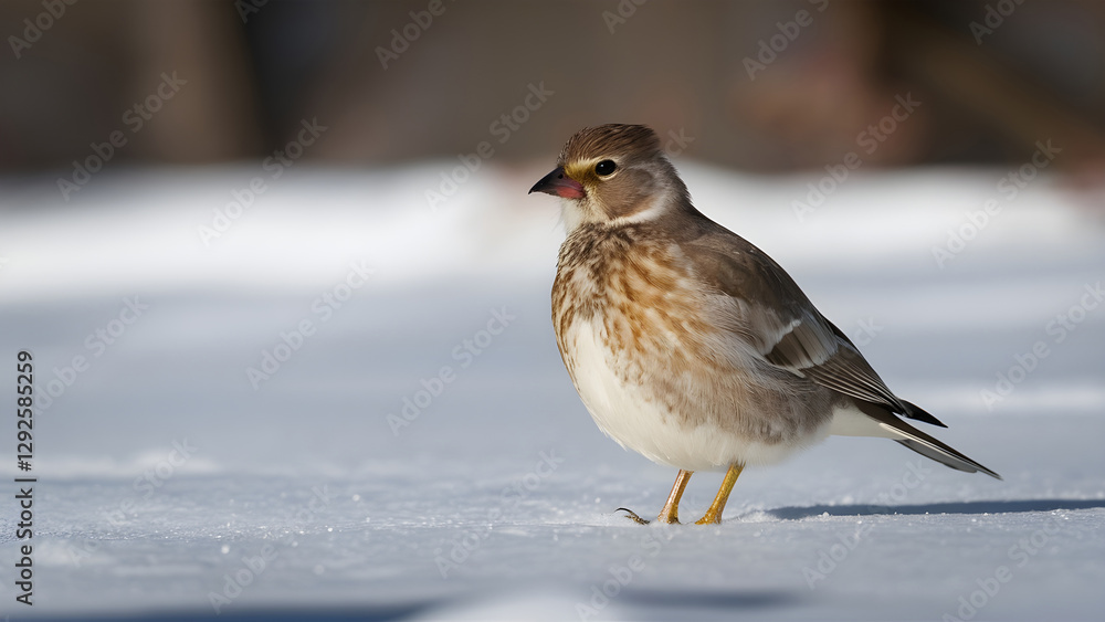Brown and White Bird on Snowy Ground with Blurred Background Brown and White Bird on Snowy Ground with Blurred Background