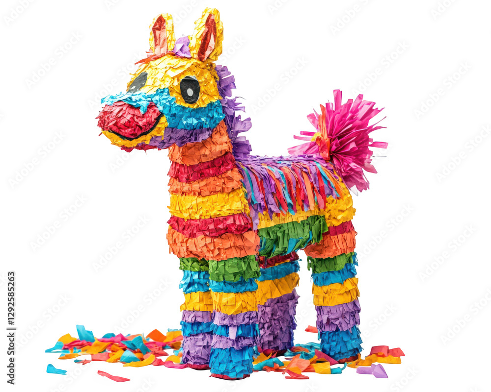 whimsical pinata in shape of colorful donkey, surrounded by vibrant tissue paper. Perfect for celebrations and parties, bringing joy and excitement to any event