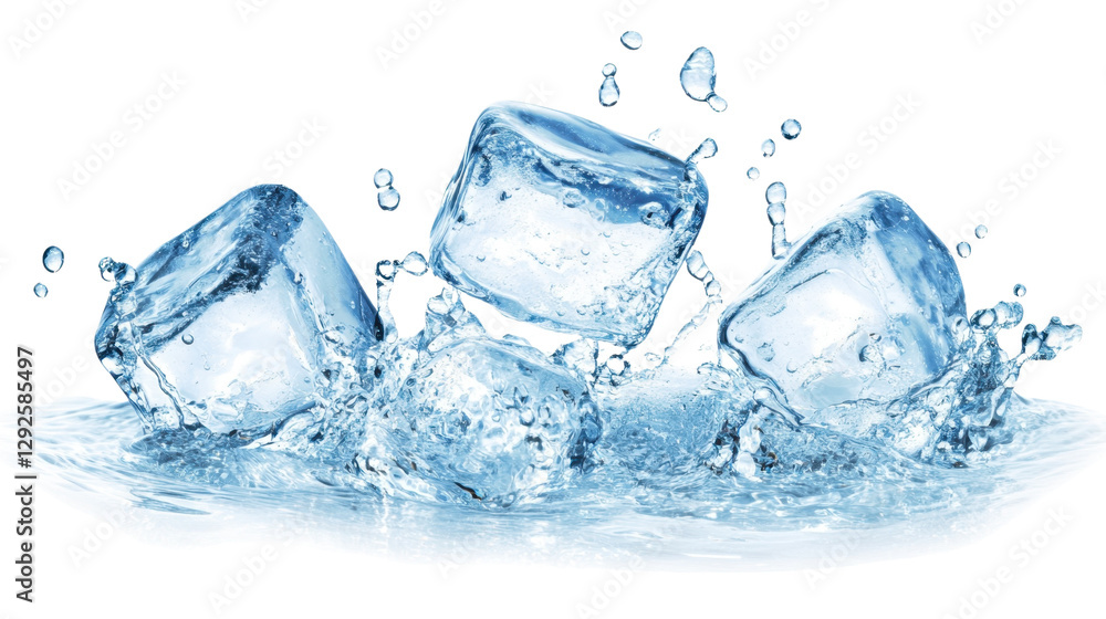 Crystal clear water splash with ice cube in motion Crystal clear water splash with ice cube in motion