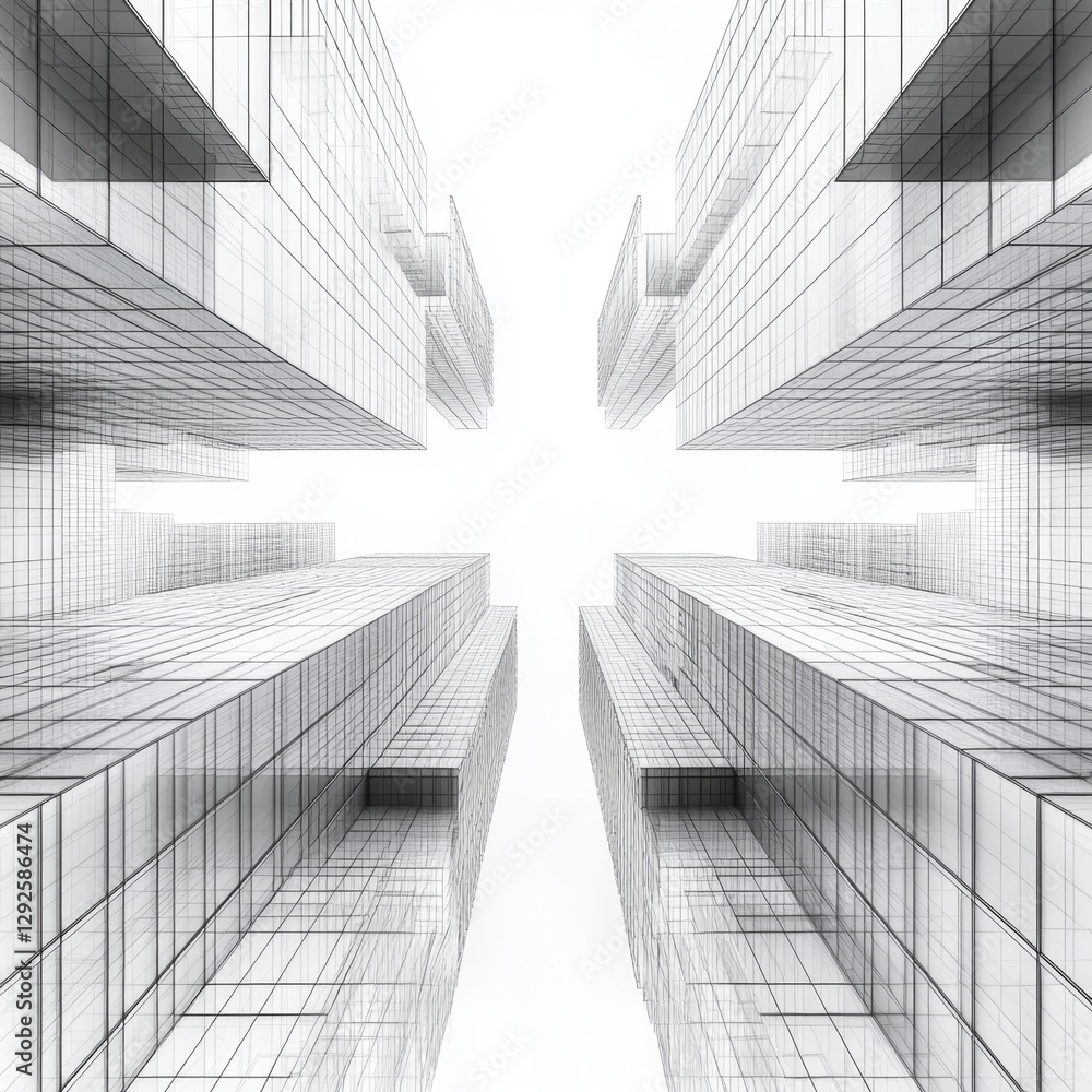 Fototapeta premium Abstract View of Futuristic Skyscrapers in a Contemporary Urban Landscape with Wireframe Structure and Monochrome Aesthetic